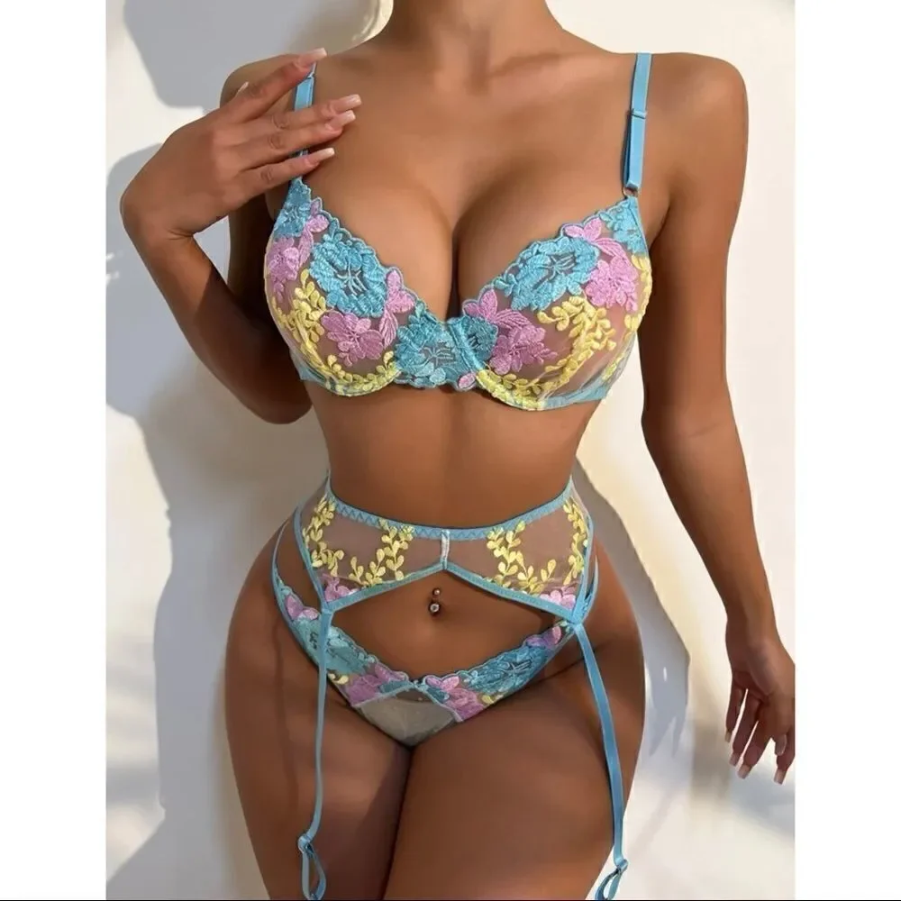 Sexy Sheer Floral Embroidered Lingerie Set